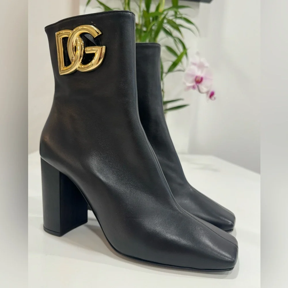 Dolce and Gabbana Gold Logo Black Nappa leather ankle boots